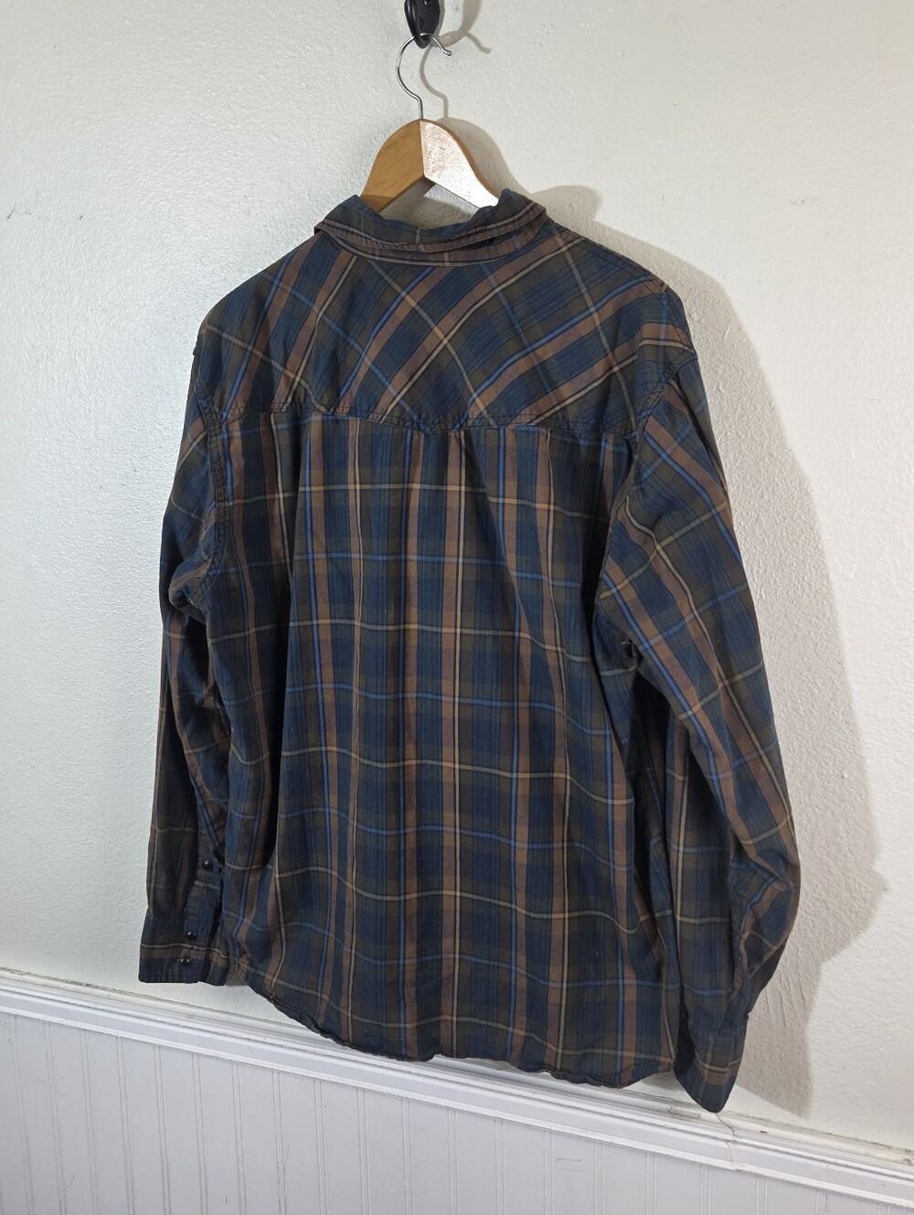 Fossil Vintage Fit Mens Xl Pearl Snap Shirt Blue Brown Plaid Western Cotton View 4
